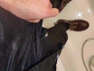 Taking a Fully Clothed Bath and Jerking off