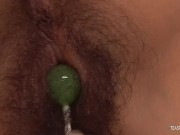 Preview 4 of Bushy babe masturbates with a lollipop before using a sex toy