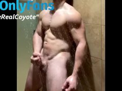 SEXY JACKED MUSCLE STUD JERKS OFF 8 INCH COCK IN PUBLIC SHOWER!