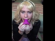 Preview 5 of SalivatingSub Spit Play Dildo Deepthroat, Chastity Orgasm While Spider Gag