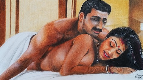 Arte erotica o disegno di una donna indiana sexy che si gode la prima notte con il marito