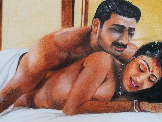 Erotic Art or Drawing of Sexy Indian Woman Enjoying first Night with Husband