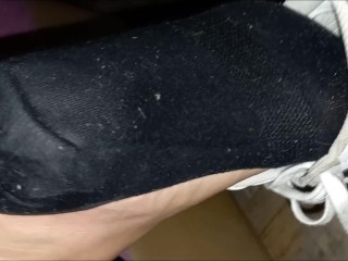 Sniffing her sweaty sneakers and cumming on her soles Video