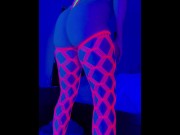 Preview 3 of Sissy cross dresser twerks and plays with anal toys in neon Blacklight while watching porn