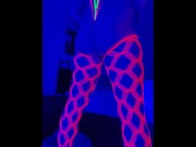 Preview 5 of Sissy cross dresser twerks and plays with anal toys in neon Blacklight while watching porn