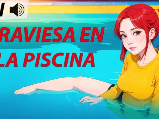 JOI hentai, traviesa en la piscina. Voz española. Video