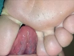 Taking off her sweaty socks and covering her lint-covered soles with cum
