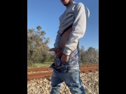 Preview 5 of Horny twink having a big cum close to railway