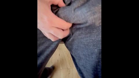 Hard Penis in it‘s Pants Full of Precum, after stroking cums the full load in the pants