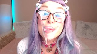 LoraFlower Messy FACIAL Bj CUM Play from a Nerdy SLUT in Glasses