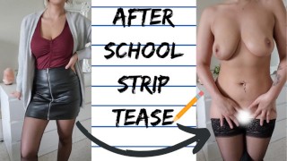 Teacher in leather skirt strips naked in front of her student's dad after a school meeting