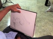 Preview 3 of Artist can't hold back and jerks off while drawing naked the big tits of hot Colombian Silvana Lee