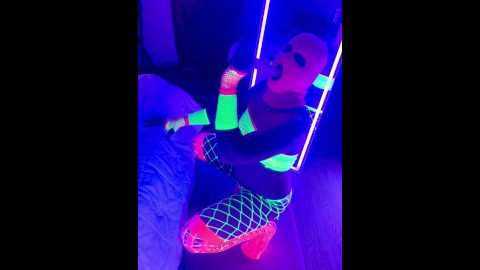 Anal stretching with butt plugs and dildos in neon lingerie for after party festival sissy