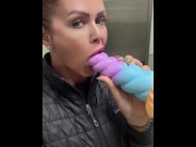 Preview 1 of Bored slutty  OFFICE WORKER fucks her UNICORN 🦄 DILDO in bathroom