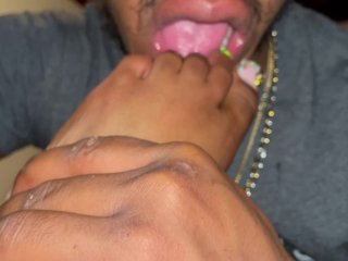 Screen Capture of Video Titled: Pussy eating, feet fetish sucking and creamy backshots