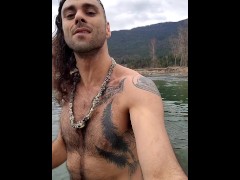 Skinnydipping outdoors with your favorite tattooed hairy man