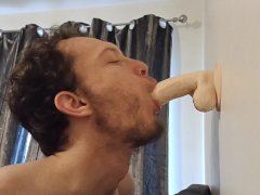 Deepthroating fat nine inch dildo and trying my best not to gag