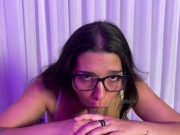 Preview 6 of Girl wearing sexy glasses gives friend a blowjob and finishes him off on her mouth