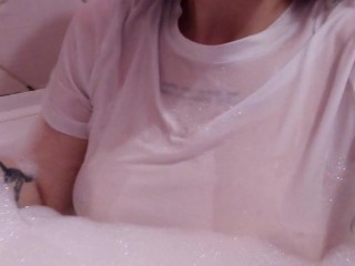 having fun in the bathtub with foam in a wet white top. I smoke and listen to 2rbina2rists Video
