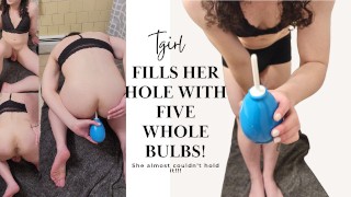 FIVE ENEMA BULBS tgirl shakes and tries to hold it as long as she can | deep enema - Kendra Cutie