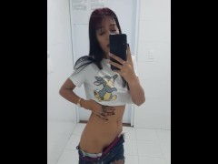 skinny girl does pack in public bathroom