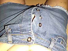 Striptease and messy cum blasts onto blue denim jeans shorts with big fly buttons 🍌🥵🐳