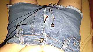 Striptease and messy cum blasts onto blue denim jeans shorts with big fly buttons 🍌🥵🐳