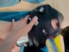Hogtied slave really likes to suck strapon! Real amateur POV