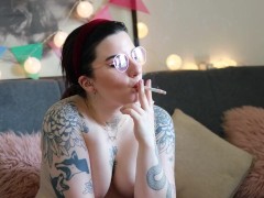 Naked Tattooed Model Smokes Camel s100 cigarette