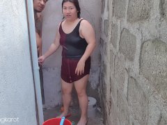 Filipina taking a bath outside the house got fuck