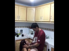 My brother-in-law is in the kitchen drinking soda. I ask him to let me give him a delicious blowjob