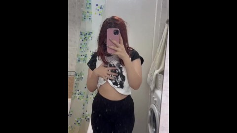 young student at the restroom playing with her big tits