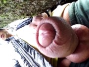 Preview 2 of Close up cum behind tree in park and rubbing cum on camera lens with glans