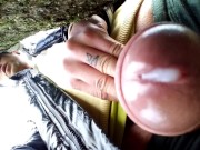 Preview 4 of Close up cum behind tree in park and rubbing cum on camera lens with glans