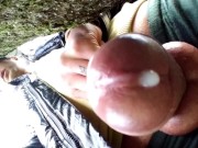 Preview 6 of Close up cum behind tree in park and rubbing cum on camera lens with glans