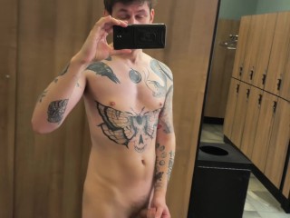 RISKY Jerk off in the Locker Room Shower ALMOST CAUGHT IN THE SAUNA