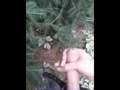 Stroking big dick outdoors