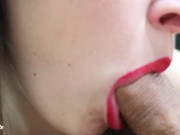 Preview 4 of Slow Sensual BlowJob with red lips from hot Brunette.