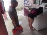 Married housewife pays washing machine technician with her ass while husband is away