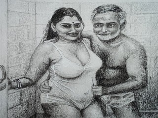 Erotic Art or Drawing of Sexy Indian Woman Romance with Father in Law inside Bathroom