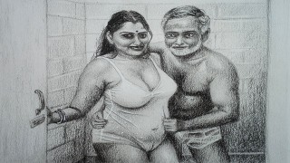Art érotique ou dessin d’une femme indienne sexy Romance avec son beau-père à l’intérieur de la salle de bain