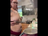 BBW stepmom MILF cooks topless in thong your POV