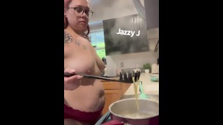 BBW stepmom MILF cooks topless in thong your POV
