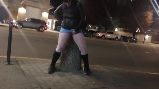 Hot MILF can't hold her pee and pisses on downtown public sidewalk