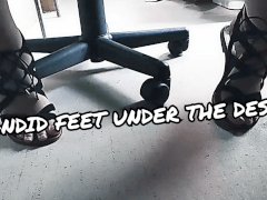 POV Watching Candid T-girl Feet in Sandals Under Her Desk