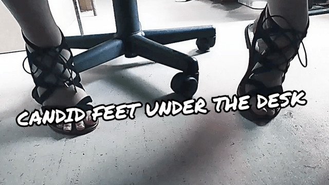 POV Watching Candid T-girl Feet in Sandals Under Her Desk