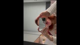 Small teen redhead shows off her blowjob and deepthroat skill