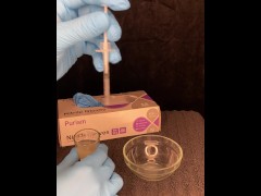 I put on blue gloves and use a syringe playing with my cum part 1