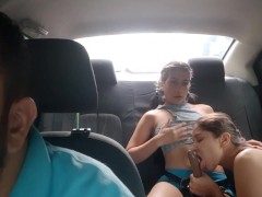 gorgeous blonde sucks my strap-on in the back seat of the uber