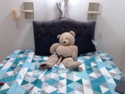Preview 5 of Hot wife sucks his strap-on and fucks his teddy bear in her bedroom